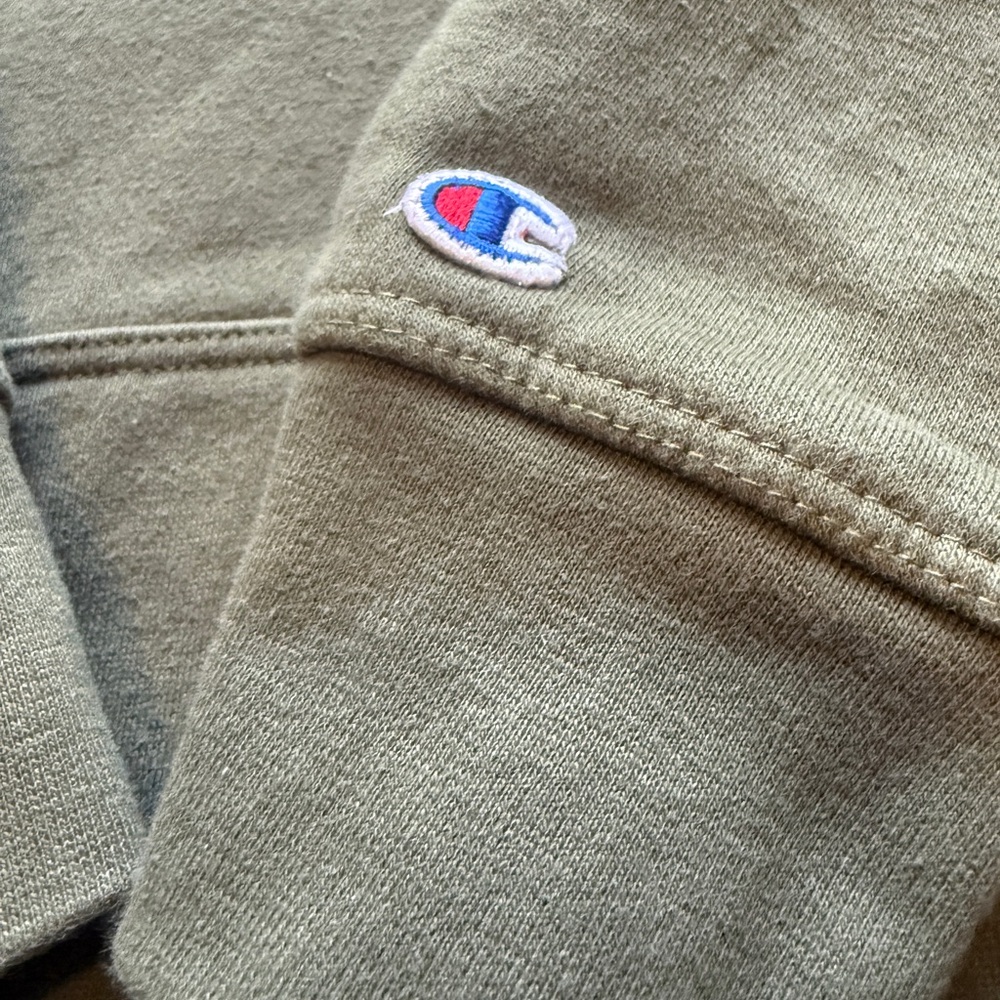 Champion Script Sleeve Hoodie Olive Green Pullover Sweatshirt Size L Streetwear - Picture 2 of 7